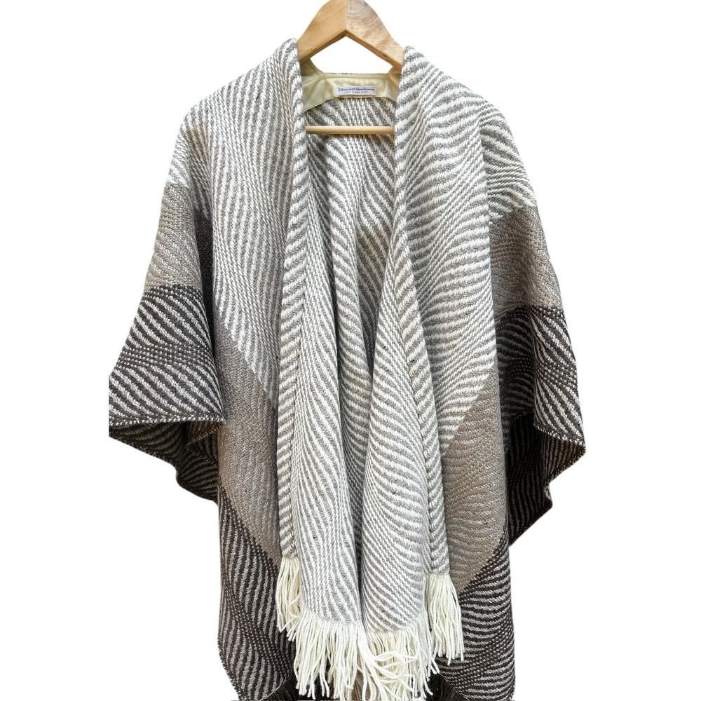 Churchill Handwoven Wool Fringe Wrap Poncho Shawl | Brown Grey *EUC* - Picture 4 of 16